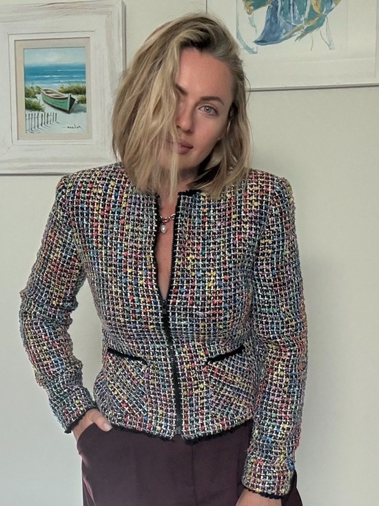 Anthracite Jackets & Blazers - Vintage Anthracite Tweed Jacket Women Size 6 Multicolor Chanel Style Blazer